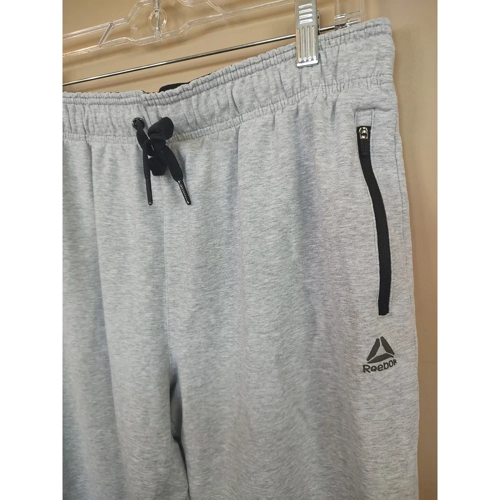 Reebok Mens Heather Gray Fleece Sweatpants Zipper Pockets Large L Drawstring‎